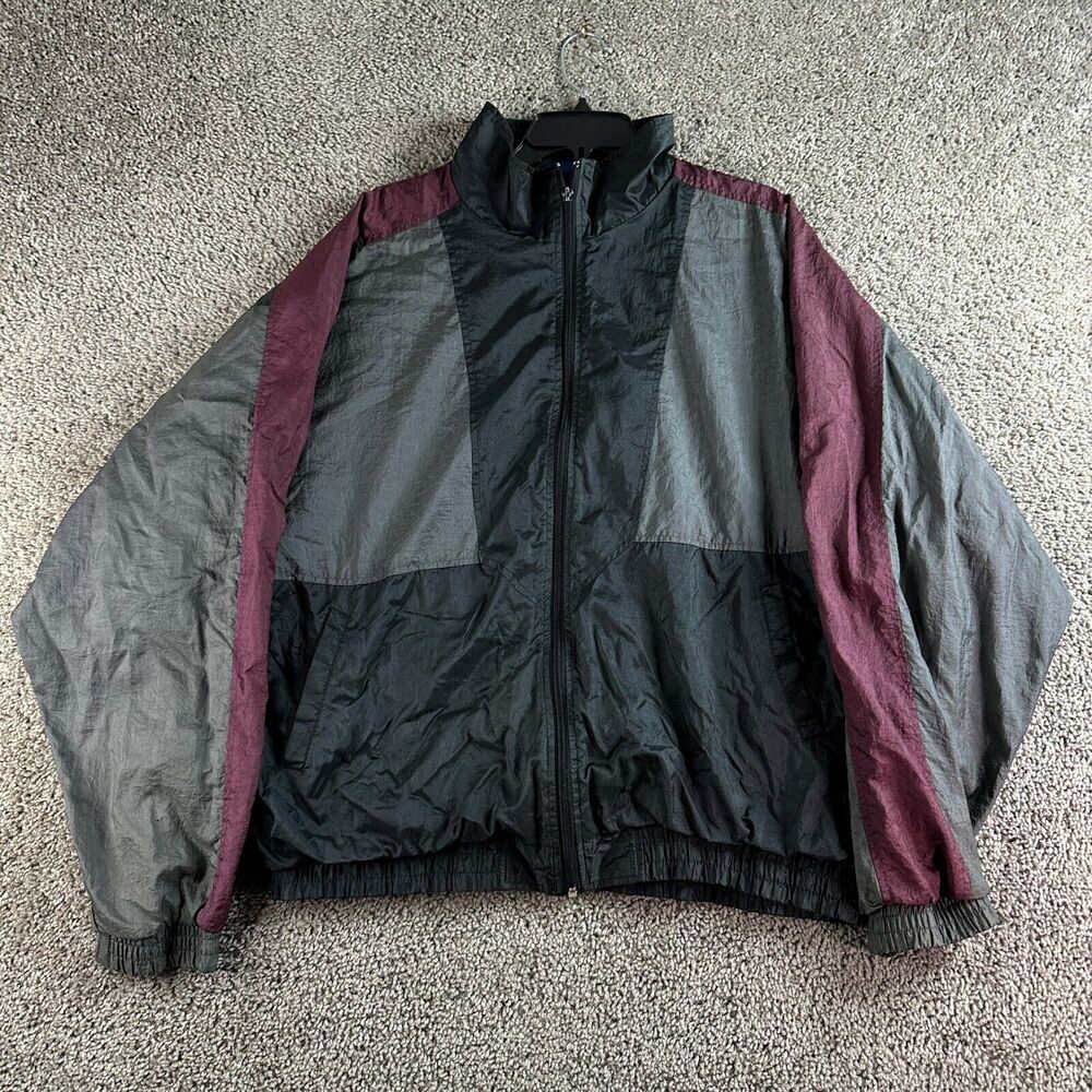 VTG First Run Jacket Mens XL Black Gray Colorblock Warm Up Nylon Windbreaker *